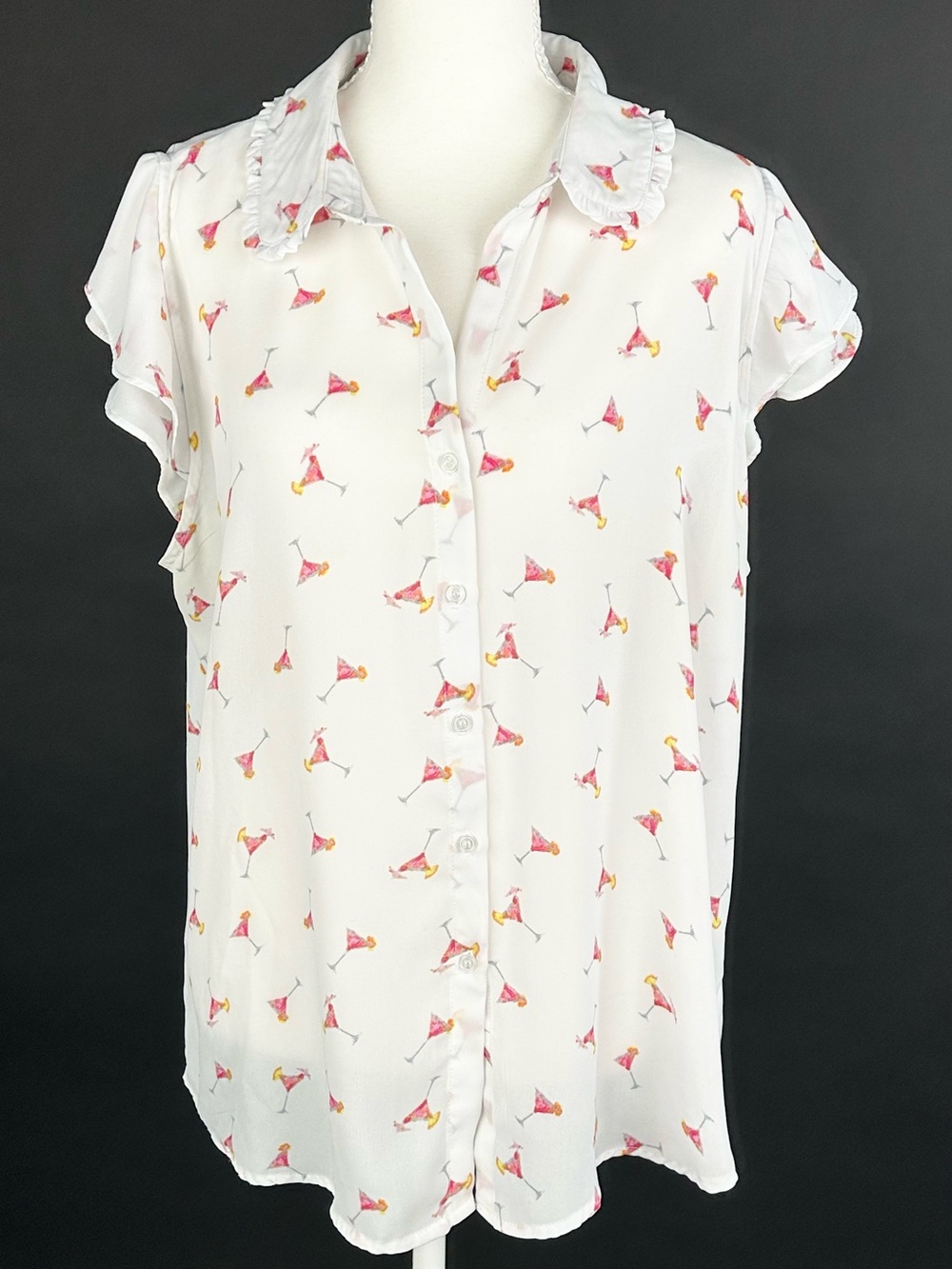 Autres Filles XL Martini Cocktail Print Ruffle Flutter Sleeve Button Blouse